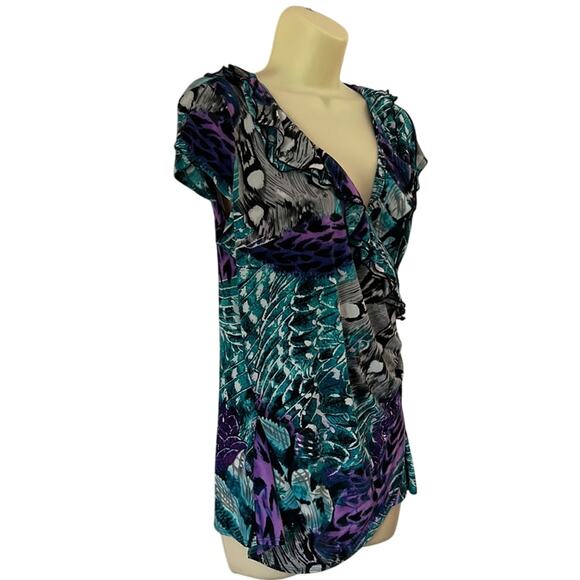 Luciano Dante Colorful Slinky Knit Surplice Top Blouse Woman Size Large Stretch - Picture 3 of 9